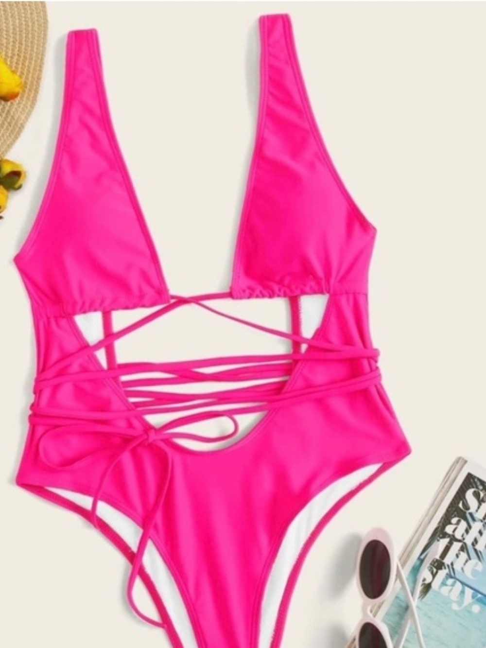 Hot Pink Cutout Sexy Beach One-Piece Swimsuit Small - Picture 2 of 5